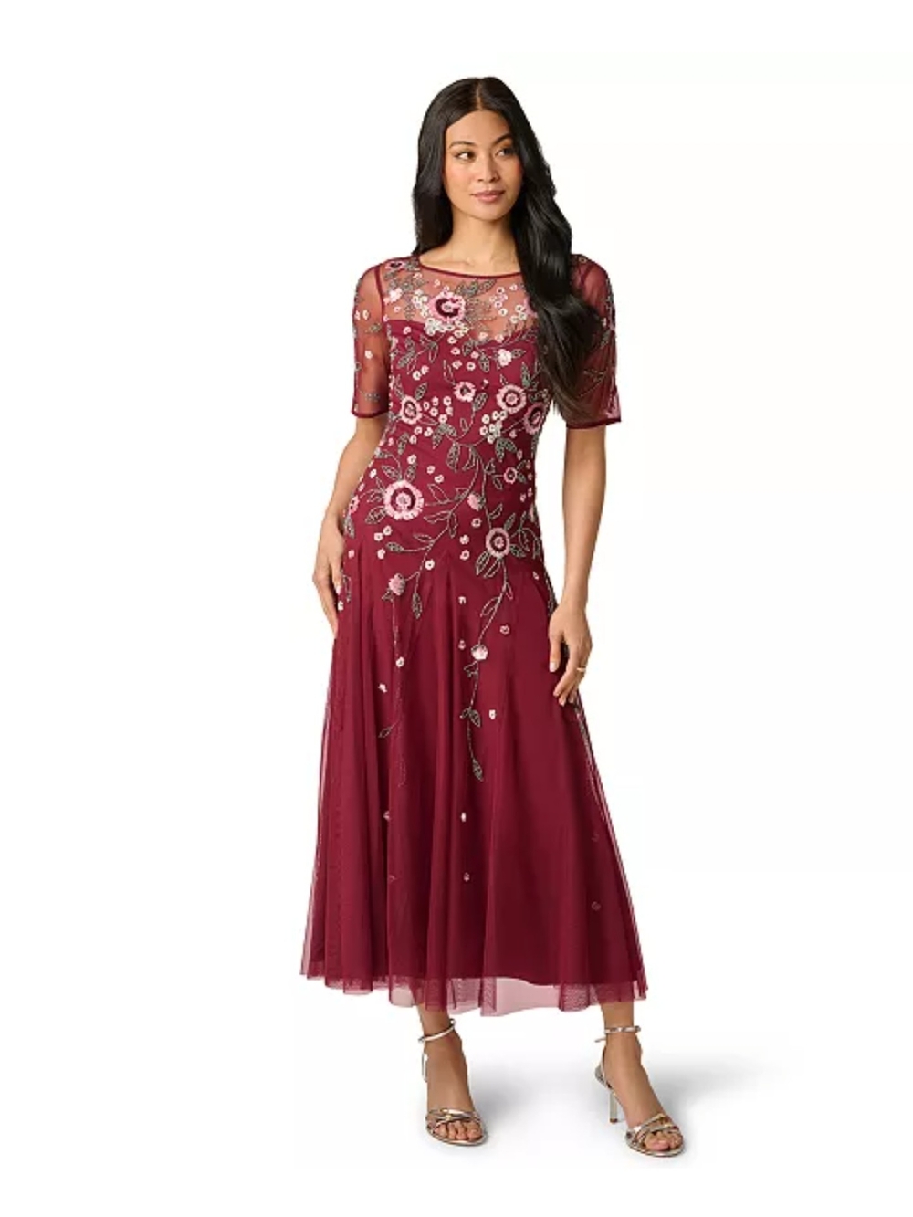 Adrianna Papell Burgundy Embroidered Midi Dress with Sheer Yoke